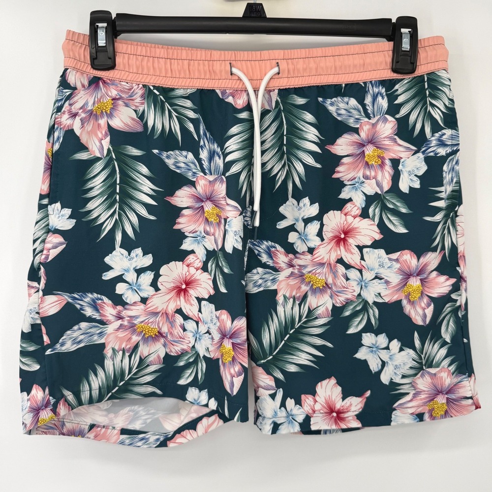 Public‎ Record Swim Trunks Men L Teal Floral Tropical Hibiscus Beach Shorts
